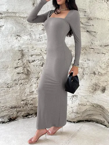 Vista 2 de Vestidos ajustados para mujer, con cuello cuadrado, manga larga, suave, acanalado, ajustado, 2023