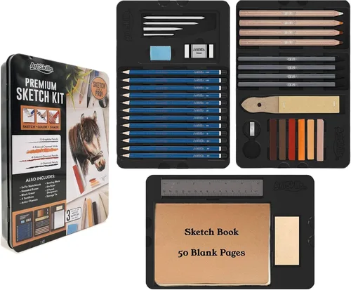 Vista 9 de ArtSkills Kit de bocetos, juegos de arte para adultos con juego de lápices y suministros de arte de carbón, lápices de sombreado para dibujar