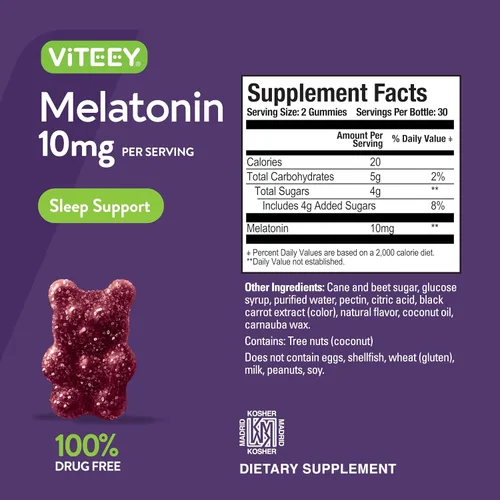 Vista 4 de Viteey Gomitas de melatonina de 10 mg – Gomitas para dormir para adultos, melatonina extra fuerte, veganas, sin OMG, sin gluten, 60