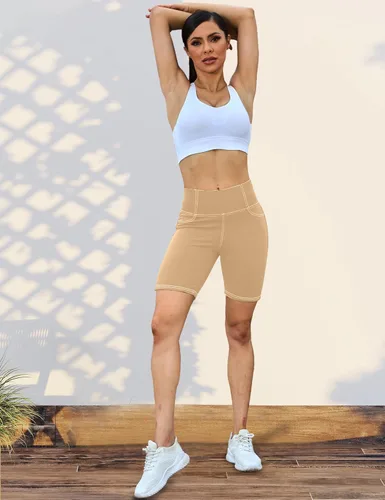 Vista 3 de VOOVEEYA Pantalones cortos de ciclismoyoga de cintura alta de 5"8" con bolsillos para mujer - Pantalones cortos de spandex para gimnasio que