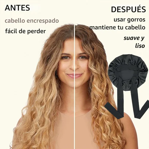 Vista 6 de Gorro de satén de seda para dormir con banda de amarre y tiras ajustables, para mujeres con cabello rizado y trenzado, color negro, tamaño grande