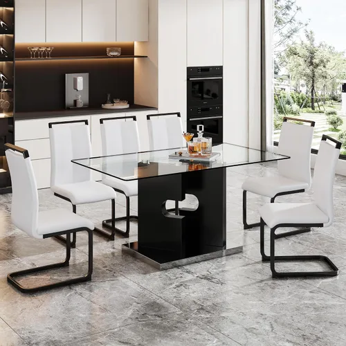 Vista 24 de Ebullient Juego de mesa de comedor de cristal de 63 pulgadas para 6, mesa de comedor de vidrio negro y base de MDF, mesa de cocina rectangular Mesa