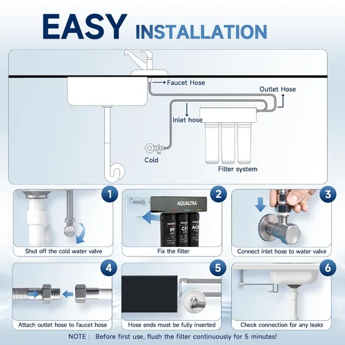 Vista 6 de AQUALTRA USF-3B-10 Sistema de filtro ligeramente alcalino para debajo del fregadero, 8K-32K Gal, reduce PFOA, PFOS, cloro, plomo, mercurio