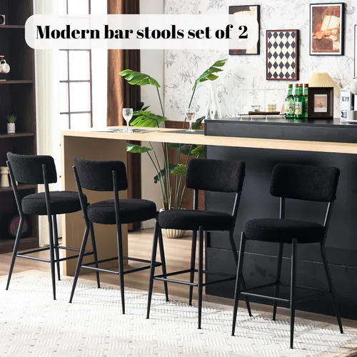 Vista 7 de Juego de 2 taburetes de bar tapizados de tela de peluche con respaldo, sillas de bar de comedor tapizadas modernas con patas de metal y reposapiés