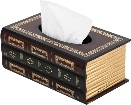 Vista 6 de Caja de pañuelos de madera de diseño clásico retro, cubierta de libro antiguo, dispensador cuadrado, soporte de papel, estuche para servilletas