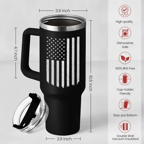 Vista 3 de SANDJEST Taza con bandera americana con asa, taza de café de acero inoxidable con aislamiento de 40 oz con tapa y pajita, regalos de América