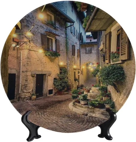 Vista 77 de Plato decorativo colgante de cerámica con temática de paisaje, plato decorativo redondo de plantas en maceta, con soporte decorativo, para sala