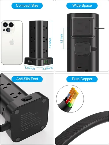 Vista 7 de Regleta de alimentación con cargador inalámbrico, protector de sobretensiones de enchufe plano con cable de extensión de 6 pies, 12 tomas