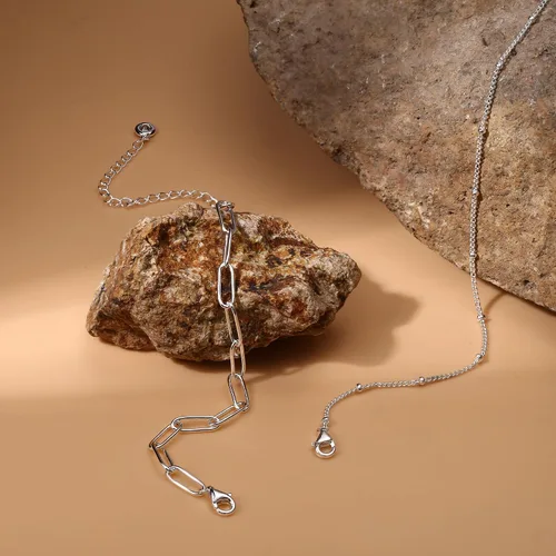 Vista 5 de MILACOLATO Pulseras de cadena de clip con cierre de plata de ley 925, chapadas en oro blanco de 14 quilates, cadena de clip de diamante sólido