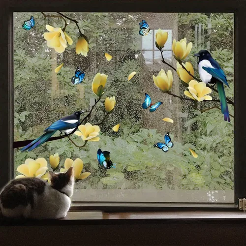 Vista 3 de Ohmywor 32 calcomanías de ventana de resorte de mariposa con diseño de pájaros en ramas de magnolia anticolisión para ataques de pájaros