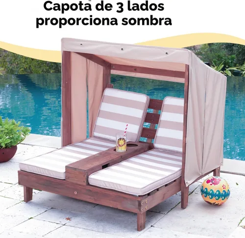 Vista 7 de KidKraft Tumbona doble de madera para exteriores con portavasos, muebles de patio para niños o mascotas, espresso con avena y tela a rayas blancas