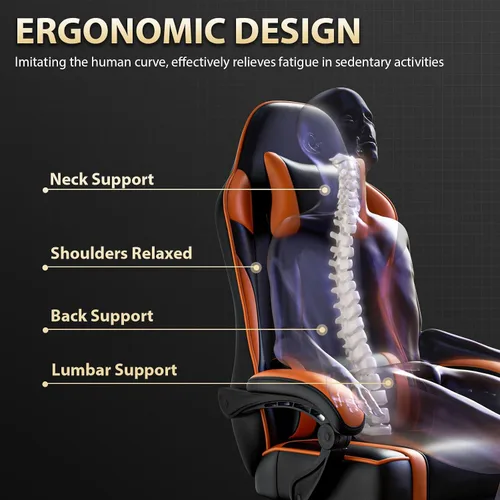 Vista 6 de Silla ergonómica para juegos con reposapiés en piel sintética Silla de oficina para jugadores adultos con soporte lumbar y función reclinable