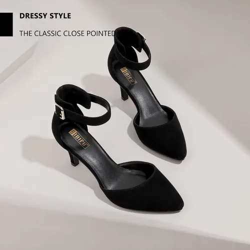 Vista 5 de IDIFU IN3 D'Orsay Zapatos de tacón bajo para mujer, zapatos de vestir puntiagudos con puntera cerrada, correa de tobillo para novia, elegante