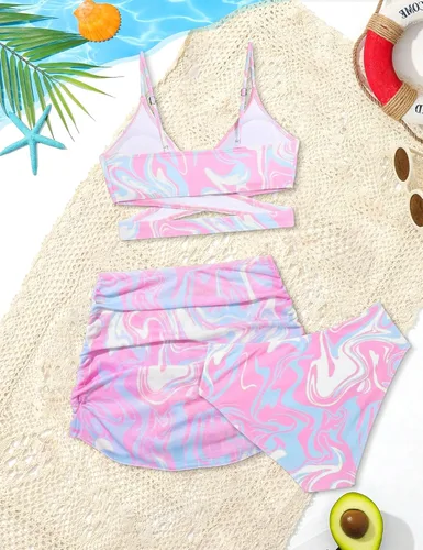 Vista 7 de AGAPENG Traje de baño de 3 piezas para niña, bikini con falda de playa para cubrir, 1
