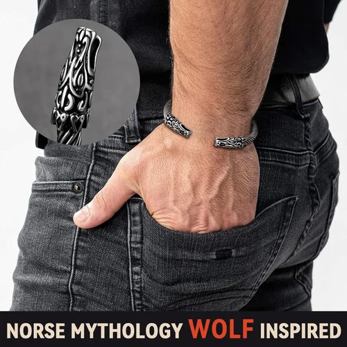 Vista 2 de FaithHeart Brazalete vikingo para hombres y mujeres, brazalete de acero inoxidable con diseño de alambre punk cuervolobodragón