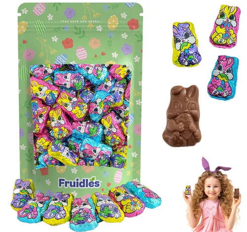 Vista 6 de Fruidles Conejitos de chocolate con leche de Pascua, rellenos de bolsas de fiesta suaves y cremosos, láminas multicolor envueltas individualmente