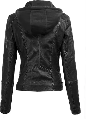 Vista 2 de Lock and Love - Chaqueta de motociclista de piel sintética con capucha desmontable, para mujer
