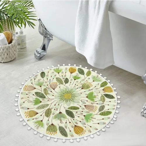 Vista 5 de Uphome Alfombra Redonda Pequeña de 2' Círculo Tapete de Baño Lindo con Pompones Flecos Diseño Floral de Plantas Alfombras de Baño Lavables Suaves