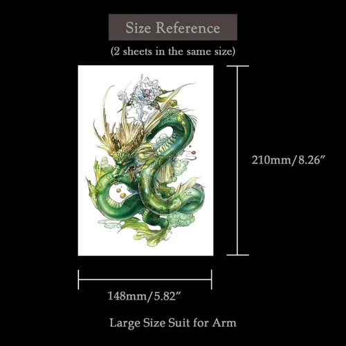 Vista 4 de 2 hojas brazo muslo impermeable falso tatuaje temporal etiqueta engomada verde dragón chino