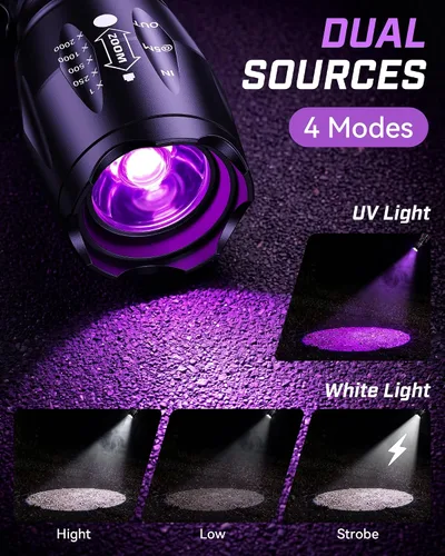 Vista 2 de Evteck MOWETOO - Linterna UV con luz negra de 395 nm y luz blanca Negro