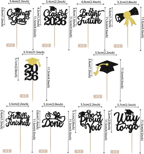 Vista 2 de 30 piezas de decoración para cupcakes de graduación para la clase de 2026 con purpurina brillante para el futuro diploma hecho 2026 Felicidades