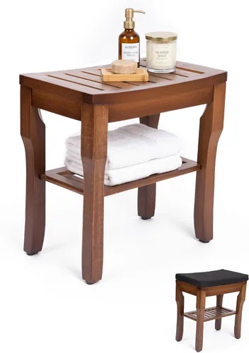 Vista 7 de StrongTek Banco de ducha de bambú con cojín, taburete de ducha con estante de almacenamiento, ligero, antideslizante, diseño de drenaje rápido