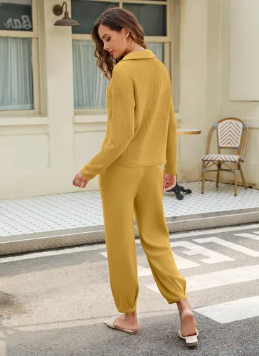 Vista 6 de softome Conjunto de 2 piezas para mujer, suéter de manga larga, con cremallera de 14, suéter de punto, pantalones casuales, conjunto de ropa