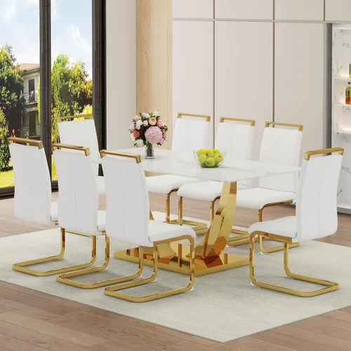 Vista 9 de Juego de Mesa de Comedor Negra para 6, Mesa de Comedor de Mármol Falso de 71" para 6, Juego de Mesa de Cocina Rectangular con Sillas de Cuero PU