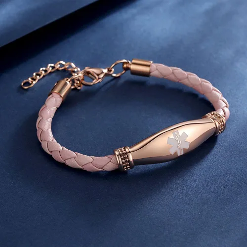 Vista 2 de LinnaLove Rose gold Medical Alert Bracelet for Women, Elegant Braided Pink Leather ID Jewelry, Adjustable Extension Fits 6.5"-8" Wrists
