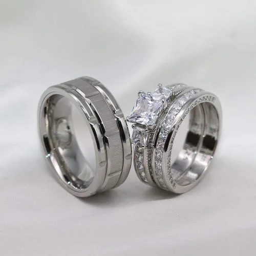 Vista 6 de Juego de anillos de boda para él y ella, anillos de promesa para parejas, conjuntos de novia para mujer, plata de ley 925, circonita cuadrada, acero