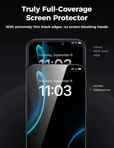 Vista 3 de BENKS GlassWarrior - Protector de pantalla de zafiro para iPhone 17 Pro de 6.3 pulgadas, vidrio templado curvado 3D de cobertura completa, claridad