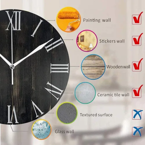 Vista 5 de Reloj de pared de madera rústica de 12 pulgadas, silencioso, sin tictac, funciona con pilas, para decoración del hogar, para sala de estar