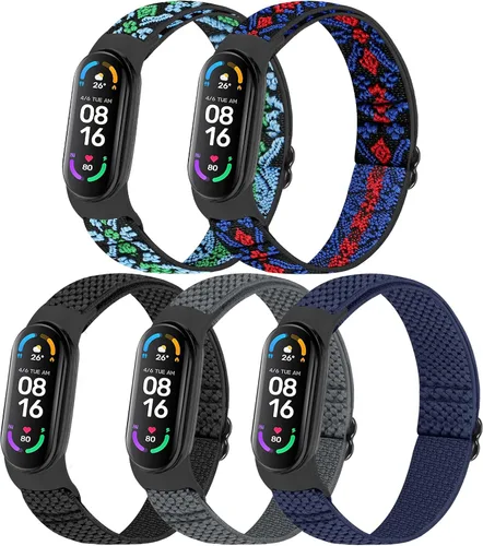 Vista 11 de TumpCez Paquete de 5 correas de nailon Solo Loop compatibles con Xiaomi Mi Band 7 6 5 4 3/Amazfit Band 5 correas, ajustable, transpirable, cómoda