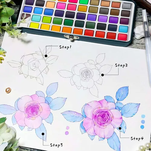 Vista 4 de Artecho Juego de pintura de acuarela de 50 colores, juego de acuarela de viaje con papeles de acuarela y pinceles, ideal para aficionados