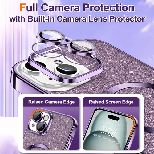 Vista 33 de Hython para iPhone 15 Plus Funda con chispas brillantes, Fundas transparentes magnéticas con protector de lente de cámara [Compatible con MagSafe]