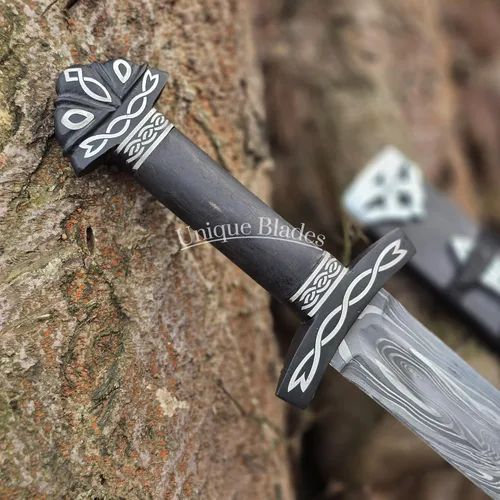 Vista 6 de Espada de daga vikinga, acero de Damasco de 16 pulgadas, espada corta de doble filo de espiga completa con mango de madera y vaina
