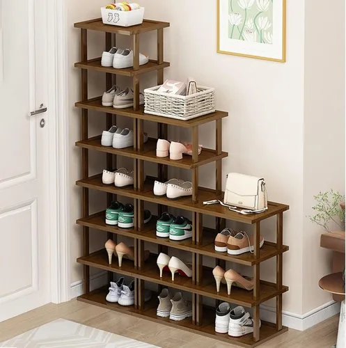 Vista 10 de Zapatero vertical – Organizador de zapatos alto y estrecho para espacios pequeños, estante de bambú de 5 niveles para entrada, armario, esquina
