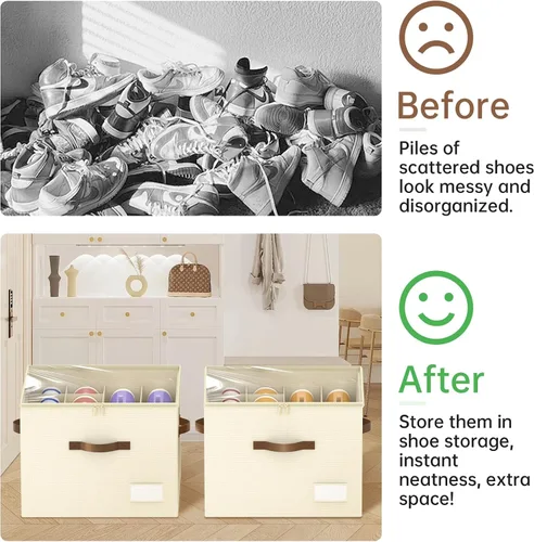 Vista 4 de Organizador de zapatos para armario, contenedores plegables de almacenamiento de zapatos, se adapta a hasta 16 pares, caja organizadora grande