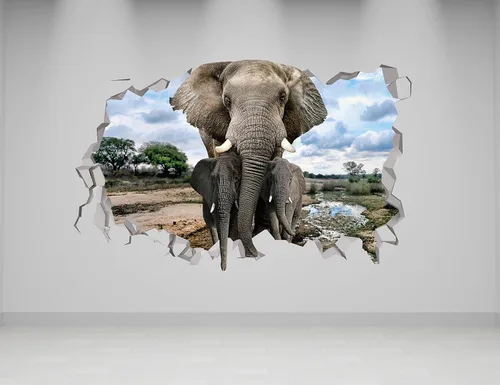 Vista 2 de Calcomanía de pared de elefante 3D – Decoración de safari – Decoración de pared de elefante para sala de estar, vinilo de arte extraíble