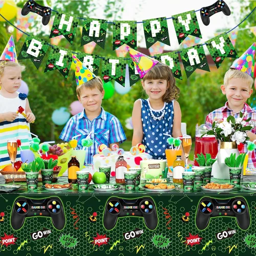 Vista 6 de Tiamon 172 piezas de decoración de fiesta de videojuegos – Sirve 24 suministros de vajilla de fiesta de juegos, incluye pancartas de feliz