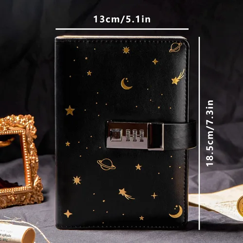 Vista 2 de TIEFOSSI Diario de cuero estrellado con cerradura, carpeta de papel recargable, diario de contraseña, cuaderno secreto A6 de tapa dura para mujeres