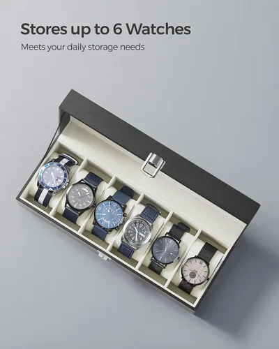 Vista 5 de SONGMICS Caja de reloj caja de reloj de 6 ranuras con tapa de cristal grande almohadas de reloj extraíbles organizador de caja de reloj regalo