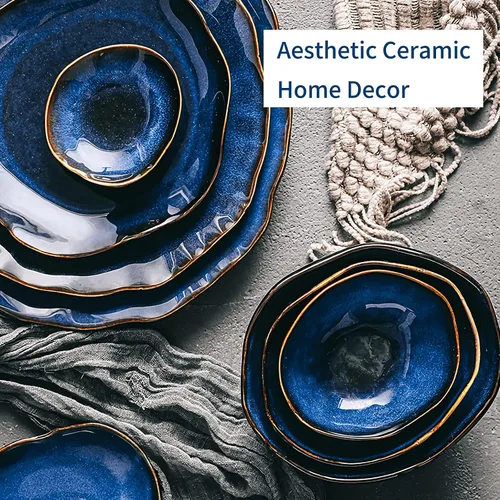 Vista 3 de Cuenco decorativo de cerámica, cuenco para llaves de cerámica azul, decoración versátil de porcelana, pequeño plato para joyería con esmalte azul
