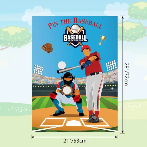 Vista 2 de PLULON Pin The Baseball Party Game para niños Pin The Baseball en el Guante y el Batón Póster grande con pegatinas para decoraciones de pared