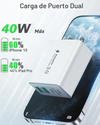 Vista 2 de Paquete de 2 cargadores de carga rápida para iPhone 14 y 13, 40 W, 4 puertos USB C, bloque de cargadores con cable USB C a Lightning de 6 pies
