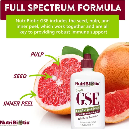 Vista 4 de NutriBiotic GSE, líquido de 4 onzas El extracto original de semilla de pomelo concentrado premium con bioflavonoides Vegano, sin gluten, sin OMG