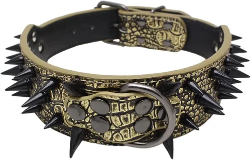 Vista 15 de Collar de perro con remaches de puyas afiladas 2 pulgadas de ancho, collares de cuero con estilo para perros medianos y grandes, Pitbull, Labrador