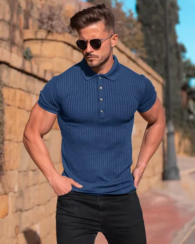 Vista 7 de Camisas polo musculares para hombre, manga corta, ajustadas, camisetas de golf para hombre, camisetas casuales de ajuste seco, camisas de bolos