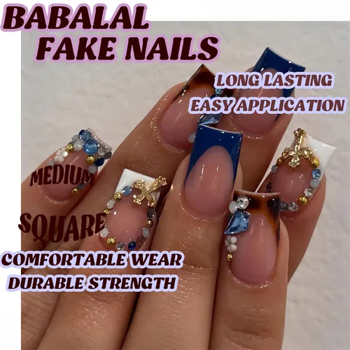 Vista 5 de BABALAL Uñas postizas punk a presión, uñas falsas cortas cuadradas, pegamento de caída de guepardo, uñas acrílicas azules y blancas con punta