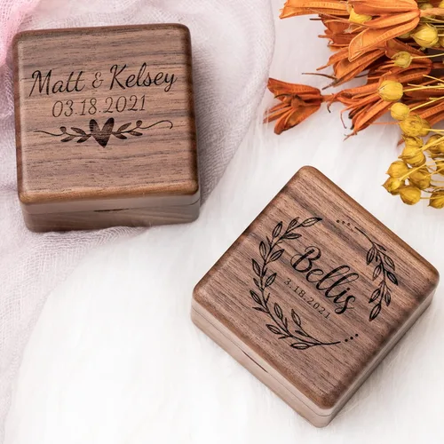 Vista 3 de KWOOD Caja de anillo de boda personalizada, Caja de anillo de madera, Caja cuadrada de anillo doble, Caja de anillo de compromiso, Soporte de caja